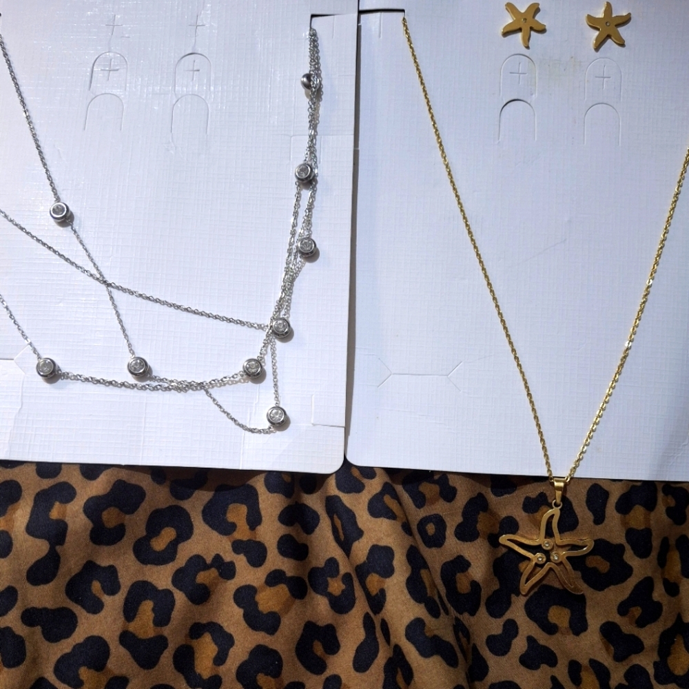 Gold Starfish Necklace and Earring Set. Silver Chain. Both Stainless Steel.